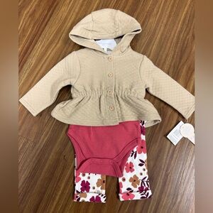 Tan Quilted Jacket with Raspberry Colored Onesies and Matching Floral Pant Set.